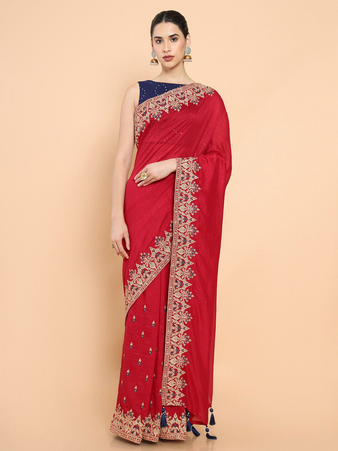 Soch Maroon & Black Floral Embroidered Silk Blend Saree - Distacart
