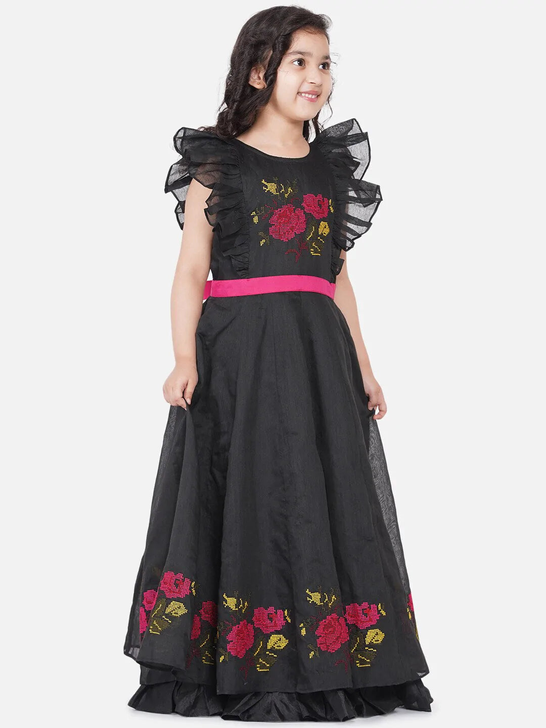 NOZ2TOZ Black Embroidered Flutter Sleeves Maxi Dress For Girls - Distacart