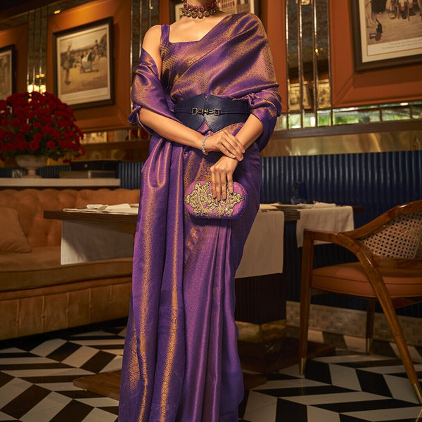 Mitera Purple & Gold-Toned Ethnic Motifs Zari Banarasi Saree - Distacart