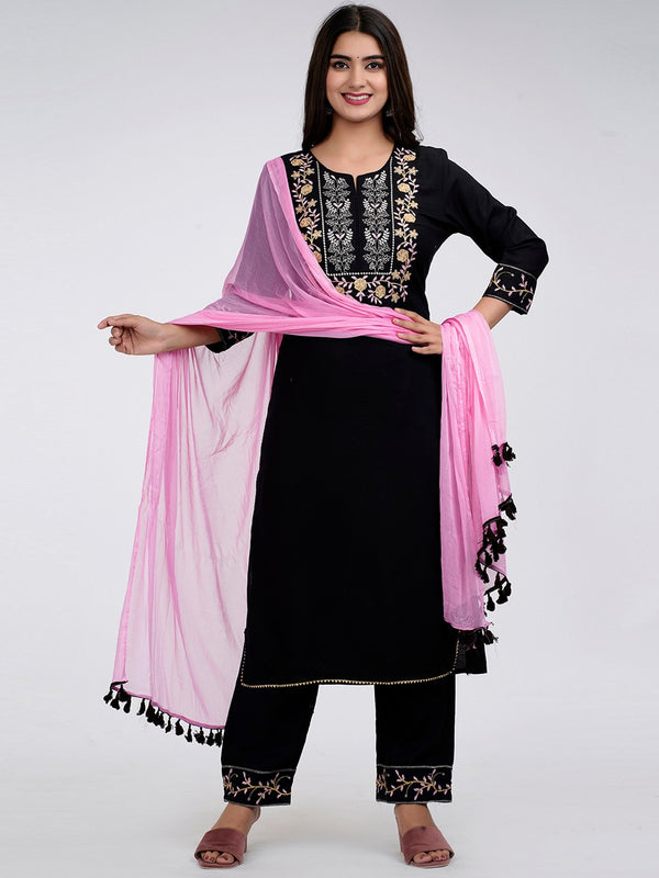 Kalini Floral Yoke Design Thread Work Kurta with Trousers & Dupatta - Distacart