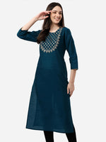 Thumbnail for HERE&NOW Women Teal Ethnic Motifs Embroidered Kurta - Distacart