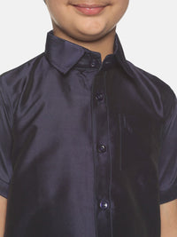 Thumbnail for Sethukrishna Boys Navy Blue & White Solid Shirt and Veshti Set - Distacart