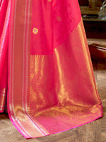 Thumbnail for Mitera Pink & Golden Floral Zari Silk Blend Banarasi Saree - Distacart