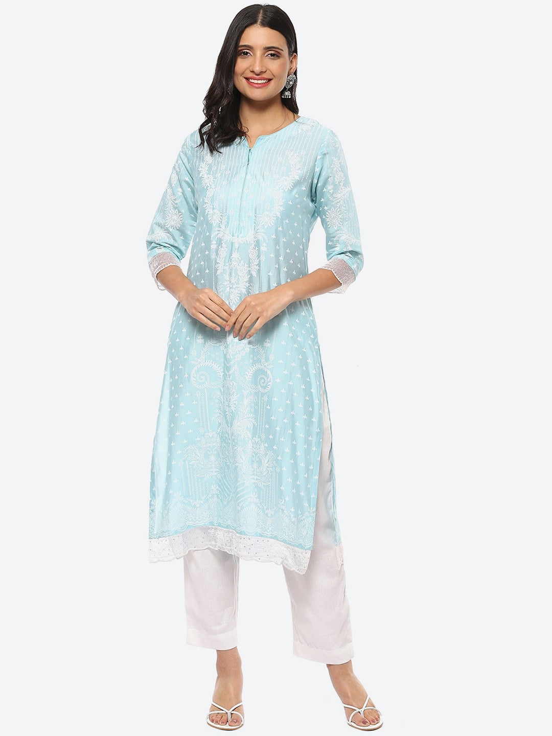 Biba Women Blue Ethnic Motifs Striped Thread Work Kurta - Distacart