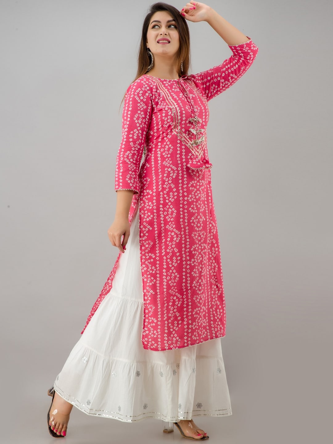 HERE&NOW Pink Tie Up Neck Bandhani Printed Gotta Patti Kurta - Distacart