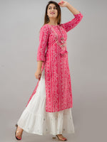 Thumbnail for HERE&NOW Pink Tie Up Neck Bandhani Printed Gotta Patti Kurta - Distacart