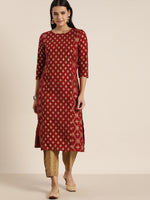 Thumbnail for Sangria Women Maroon & Gold-Toned Ethnic Motifs Printed Kurta - Distacart