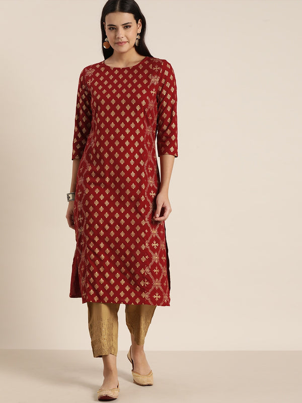 Sangria Women Maroon & Gold-Toned Ethnic Motifs Printed Kurta - Distacart