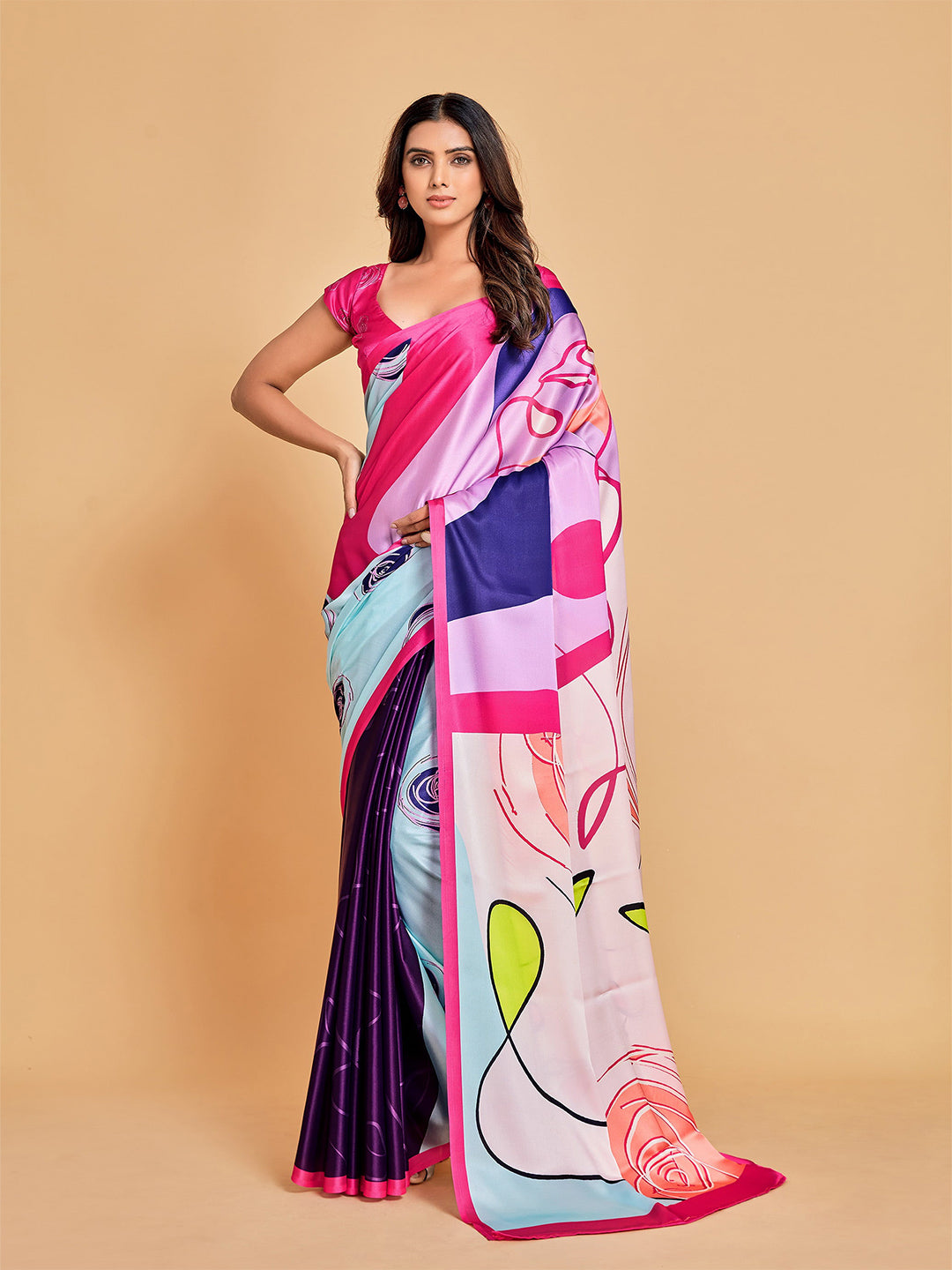 Sangria Pink & Blue Abstract Printed Satin Saree - Distacart