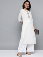 Thumbnail for HERE&NOW Women White Cotton Straight Thread Work Kurta - Distacart