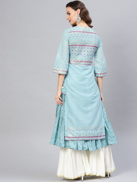 Biba Women Blue & Golden Printed Tiered Layered A-Line Kurta - Distacart