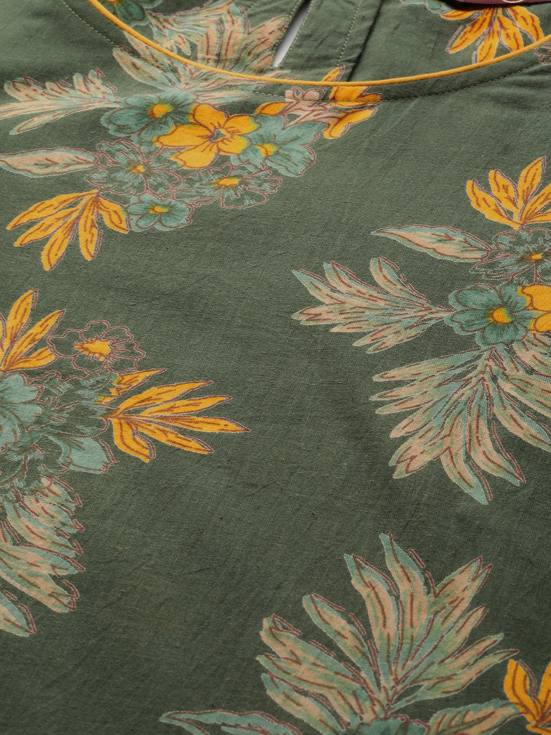 Sangria Women Olive Green & Mustard Yellow Pure Cotton Floral Printed Kurta - Distacart