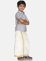 Thumbnail for Sethukrishna Boys Grey & White Solid Shirt with Veshti Set - Distacart