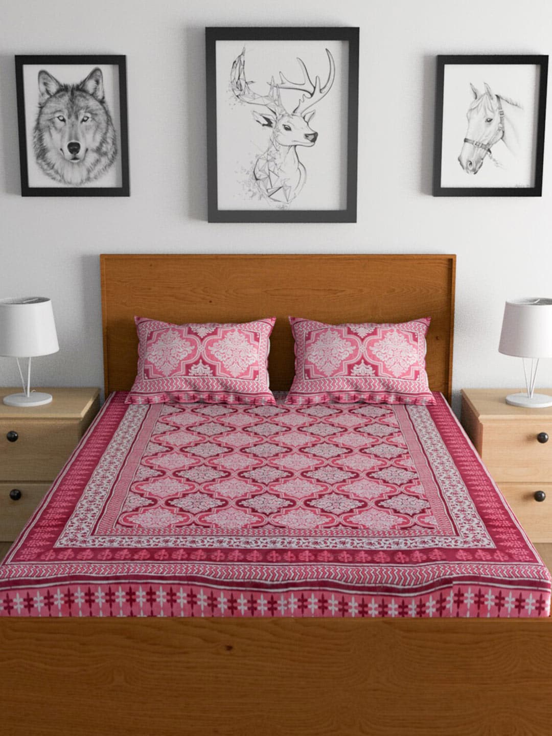 Urban Magic Pink Printed Cotton 104 TC King Bedsheet with 2 Pillow Covers - Distacart