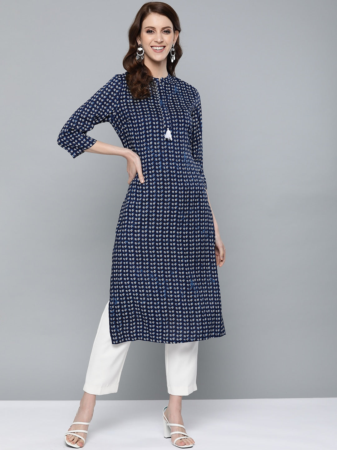 HERE&NOW Women Navy Blue & White Bandhani Print Straight Kurta - Distacart