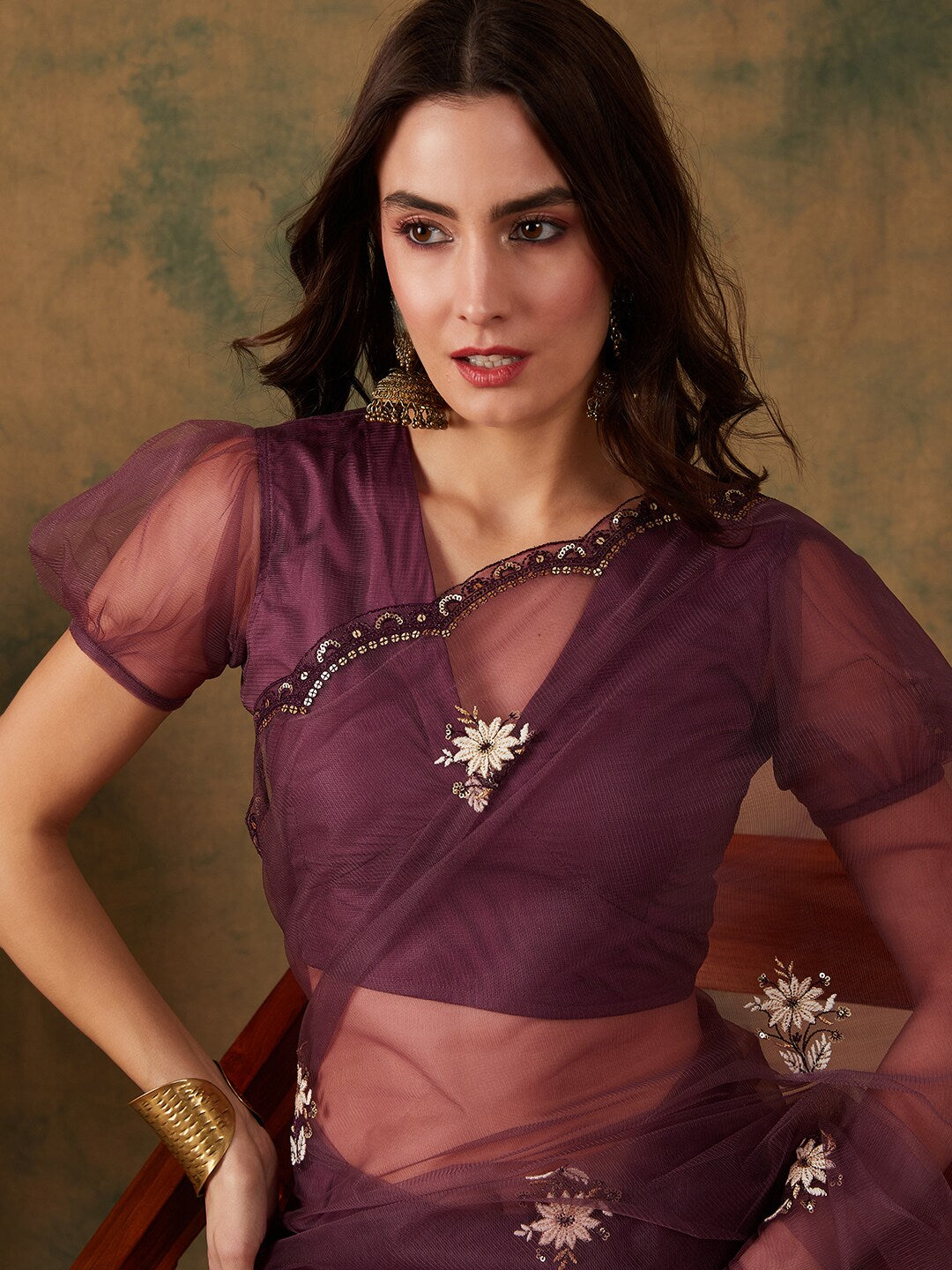 Sangria Purple Floral Embroidered Beads and Stones Embellished Net Saree - Distacart