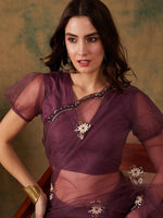 Thumbnail for Sangria Purple Floral Embroidered Beads and Stones Embellished Net Saree - Distacart
