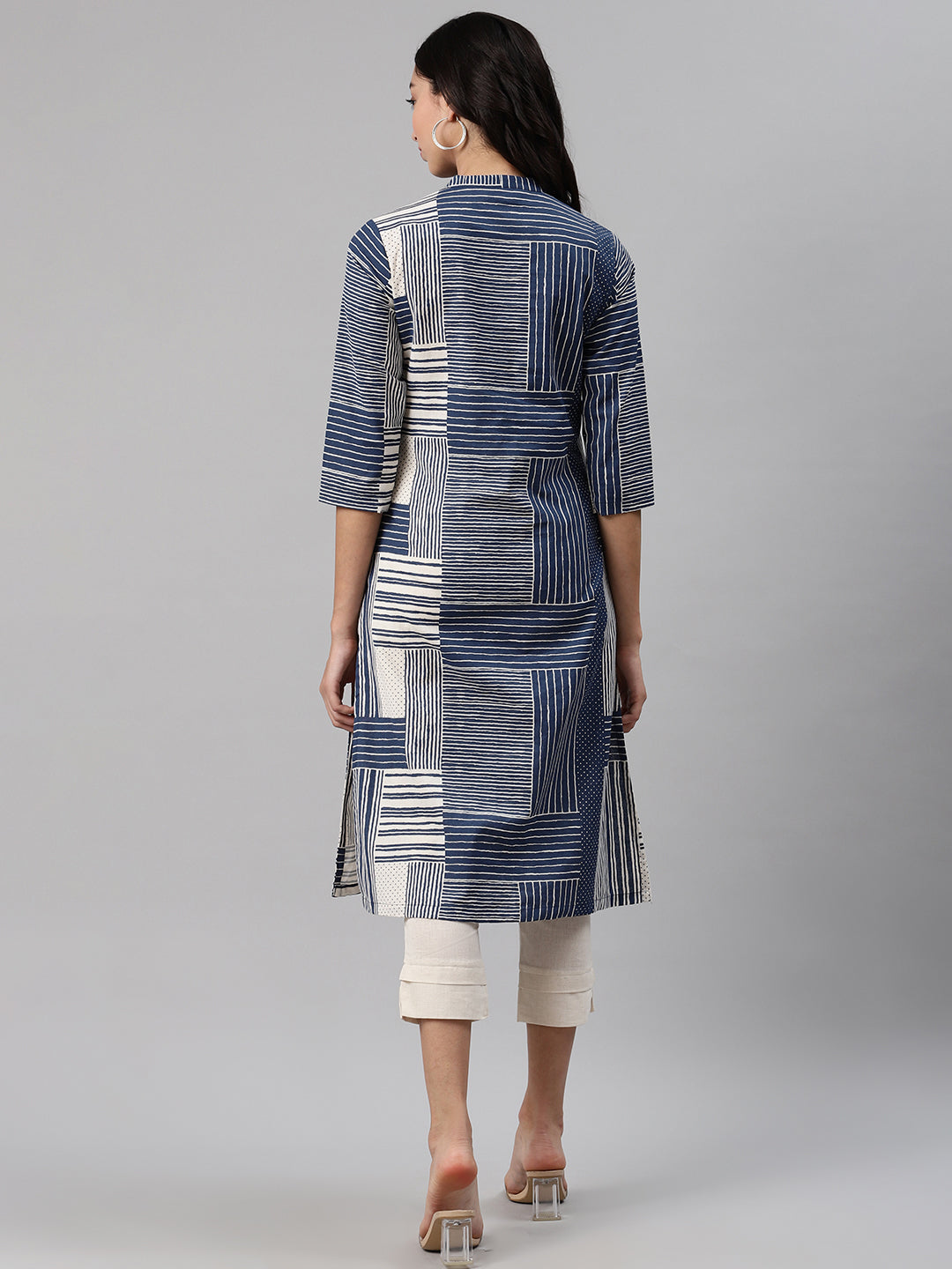 Biba Women Navy Blue & White Striped Kurta with Trousers - Distacart