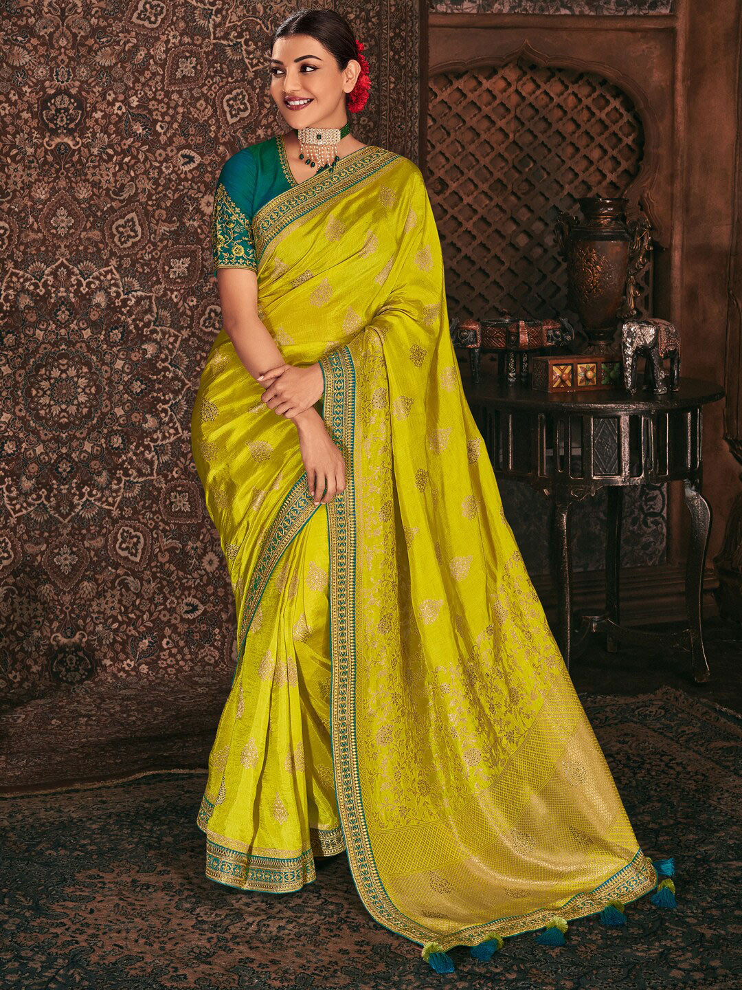 Mitera Lime Green Floral Woven Design Embroidered Silk Blend Saree - Distacart