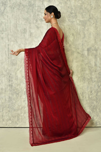 Maroon Silk Stripe Saree With Blouse Piece - Purvi - Distacart