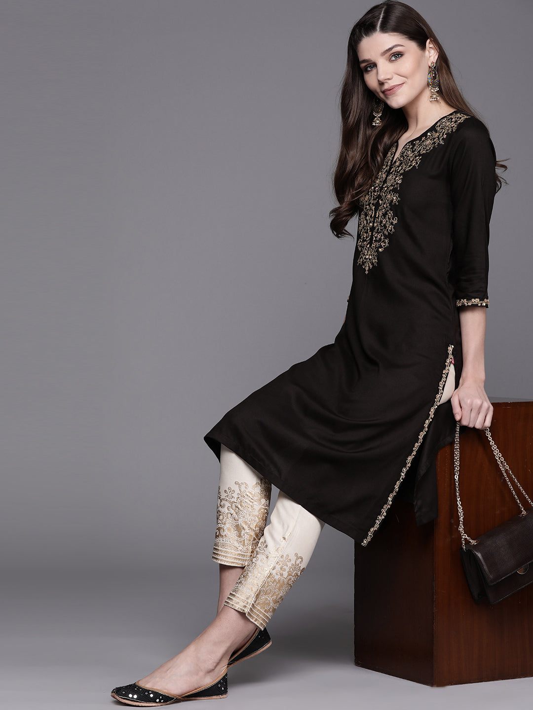 Biba Women Black & Cream-Coloured Embroidered Kurta with Trousers - Distacart