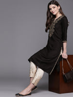Thumbnail for Biba Women Black & Cream-Coloured Embroidered Kurta with Trousers - Distacart