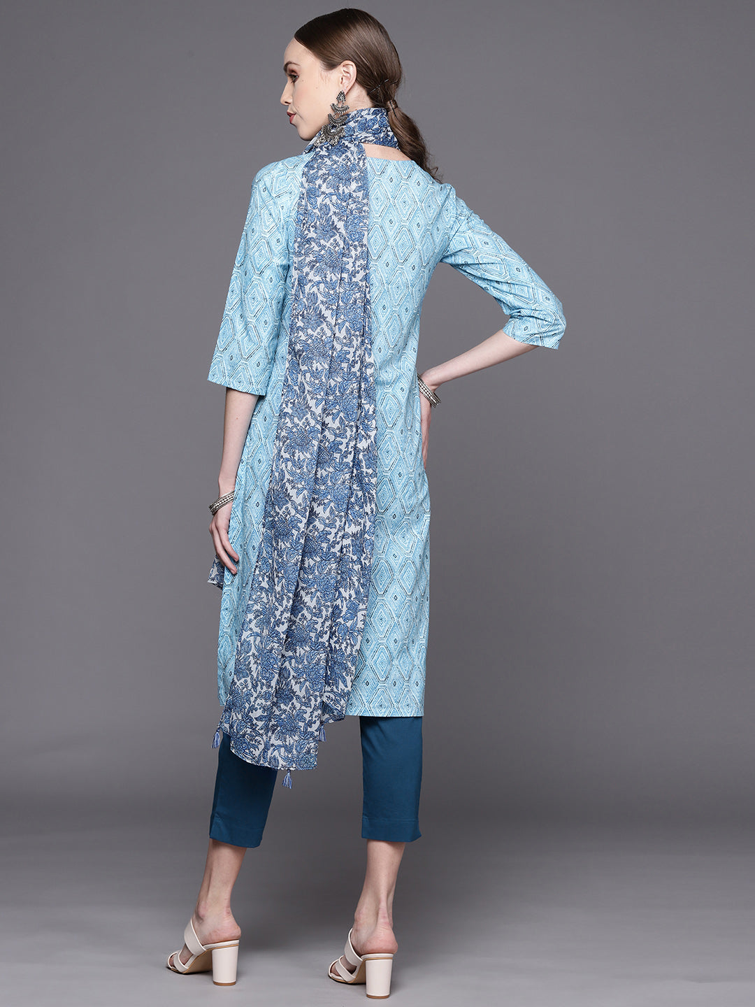 Biba Women Blue Ethnic Motifs Printed Pure Cotton Kurta with Trousers & Dupatta - Distacart