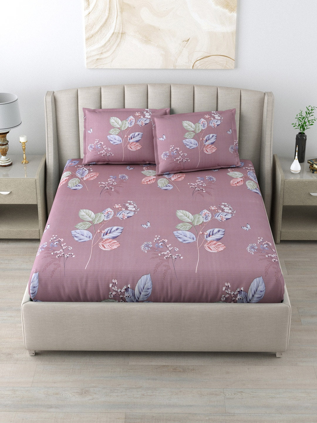 DREAM WEAVERZ 220 TC Pink & Blue Floral Glazed Cotton King Bedsheet with 2 Pillow Covers - Distacart