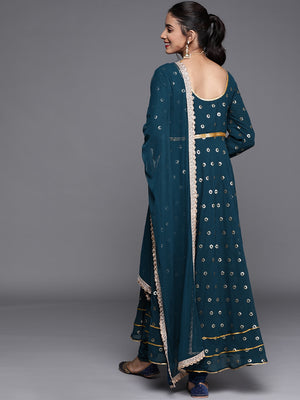Libas Blue Embroidered Panelled Kurta with Churidar & With Dupatta - Distacart