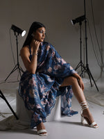 Thumbnail for Tikhi Imli Blue Floral Printed Satin Ruffles Saree - Distacart