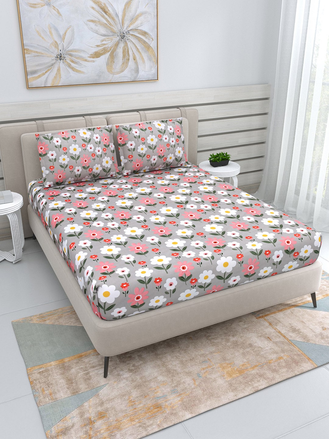 DREAM WEAVERZ Silver & Pink Pure Cotton Floral Queen Bedsheet with 2 Pillow Covers - Distacart