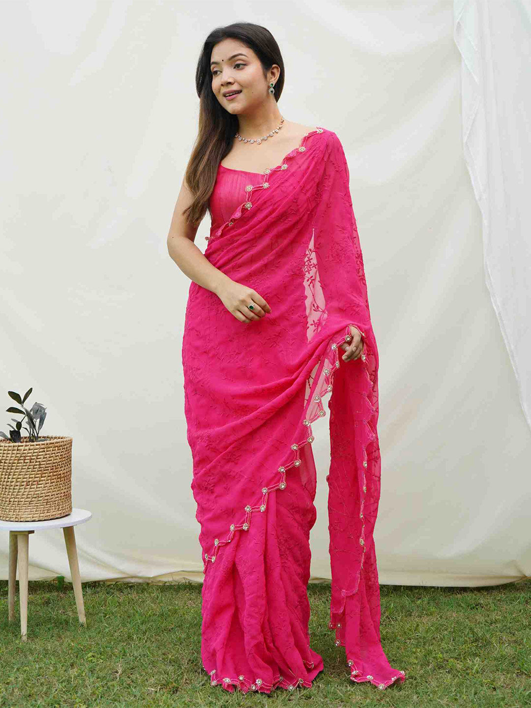 Mitera Floral Embroidered Pure Georgette Saree - Distacart