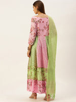 Thumbnail for HERE&NOW Women Green & Pink Floral Printed Anarkali Cotton Kurta With Dupatta - Distacart