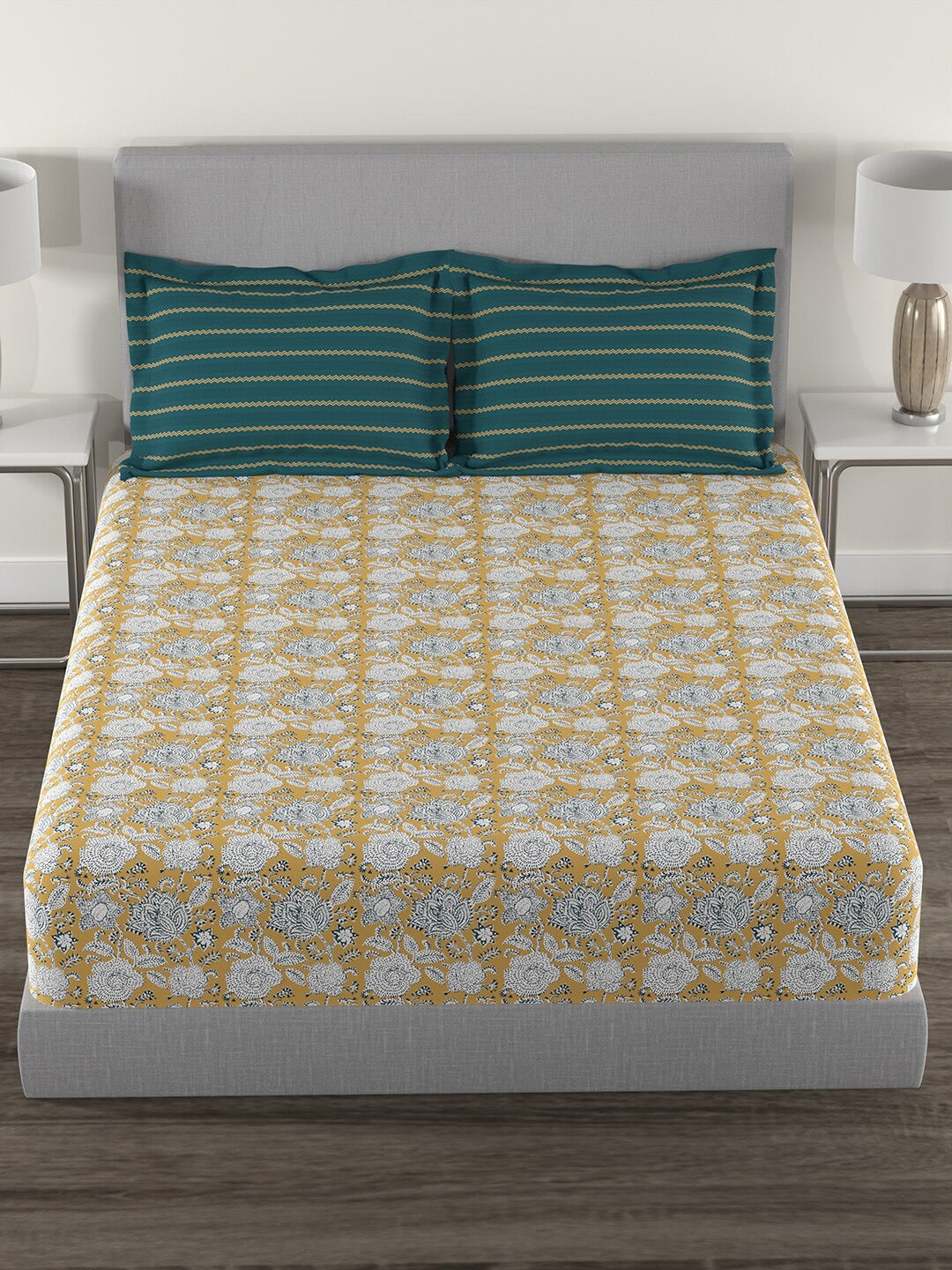 MYTRIDENT Mustard White Floral Cotton 144 TC Queen Bedsheet With 2 Pillow Covers - Distacart