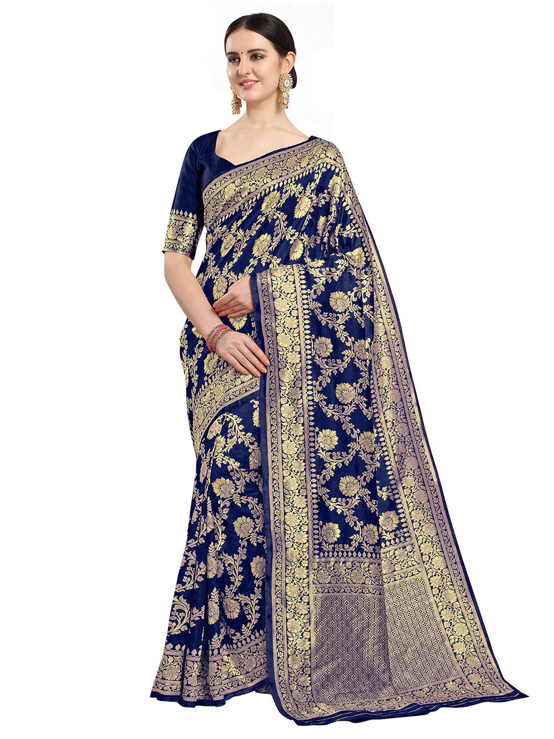 Kalini Navy Blue & Gold-Toned Woven Design Zari Silk Blend Fusion Banarasi Saree - Distacart