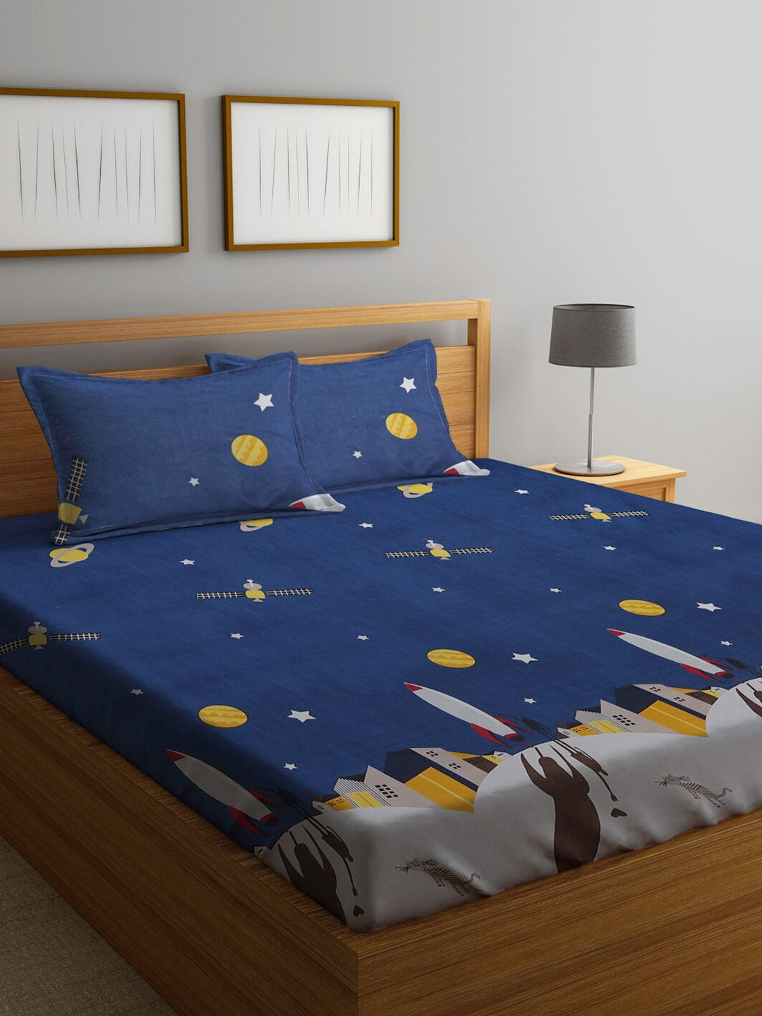 Home Sizzler Blue & Yellow Cartoon Characters 144 TC Bedsheet with Pillow Covers - Distacart