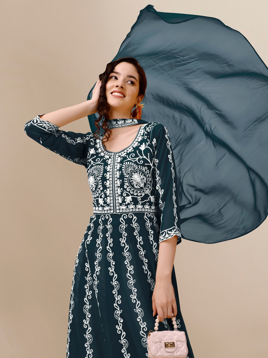 HERE&NOW Teal & White Ethnic Motifs Embroidered Chikankari Kurta & Dupatta - Distacart