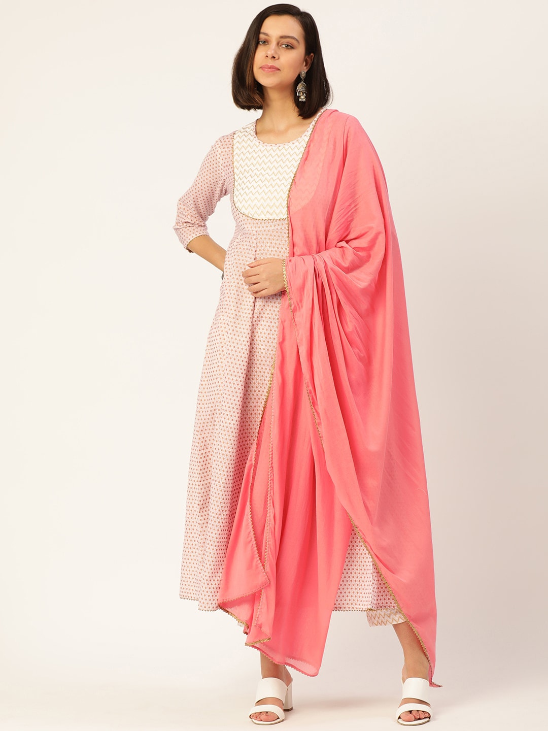 HERE&NOW Women Cream-Coloured Pleated Kurti with Trousers & With Dupatta - Distacart