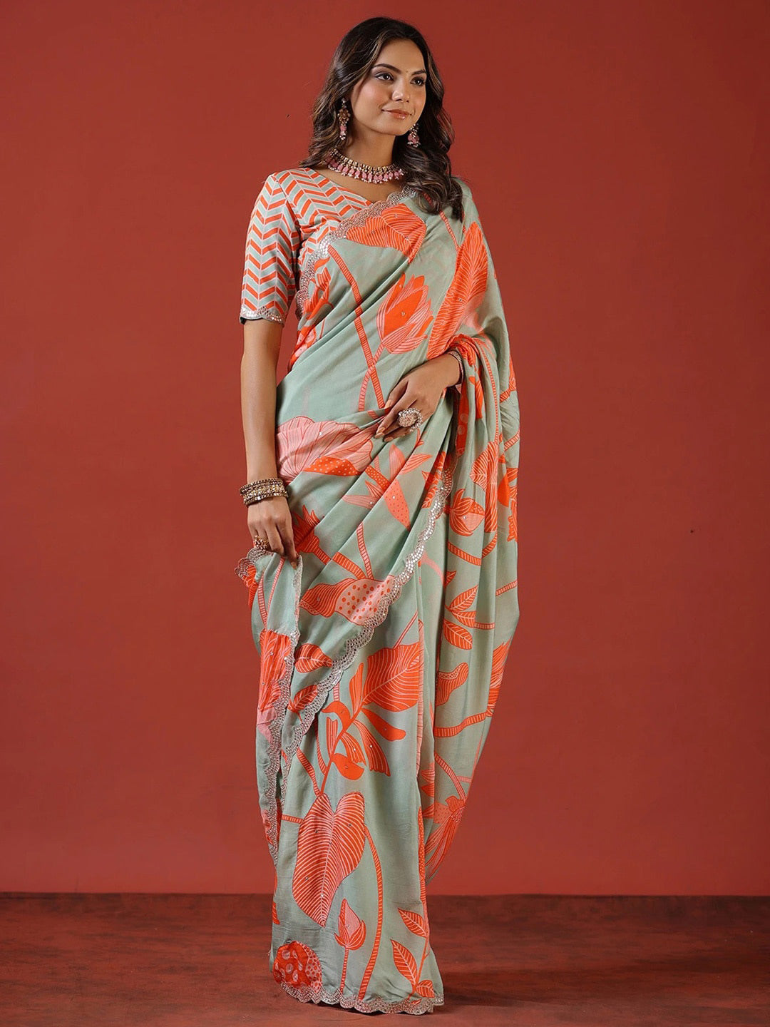 Sangria Sea Green Floral Printed Zari Saree - Distacart