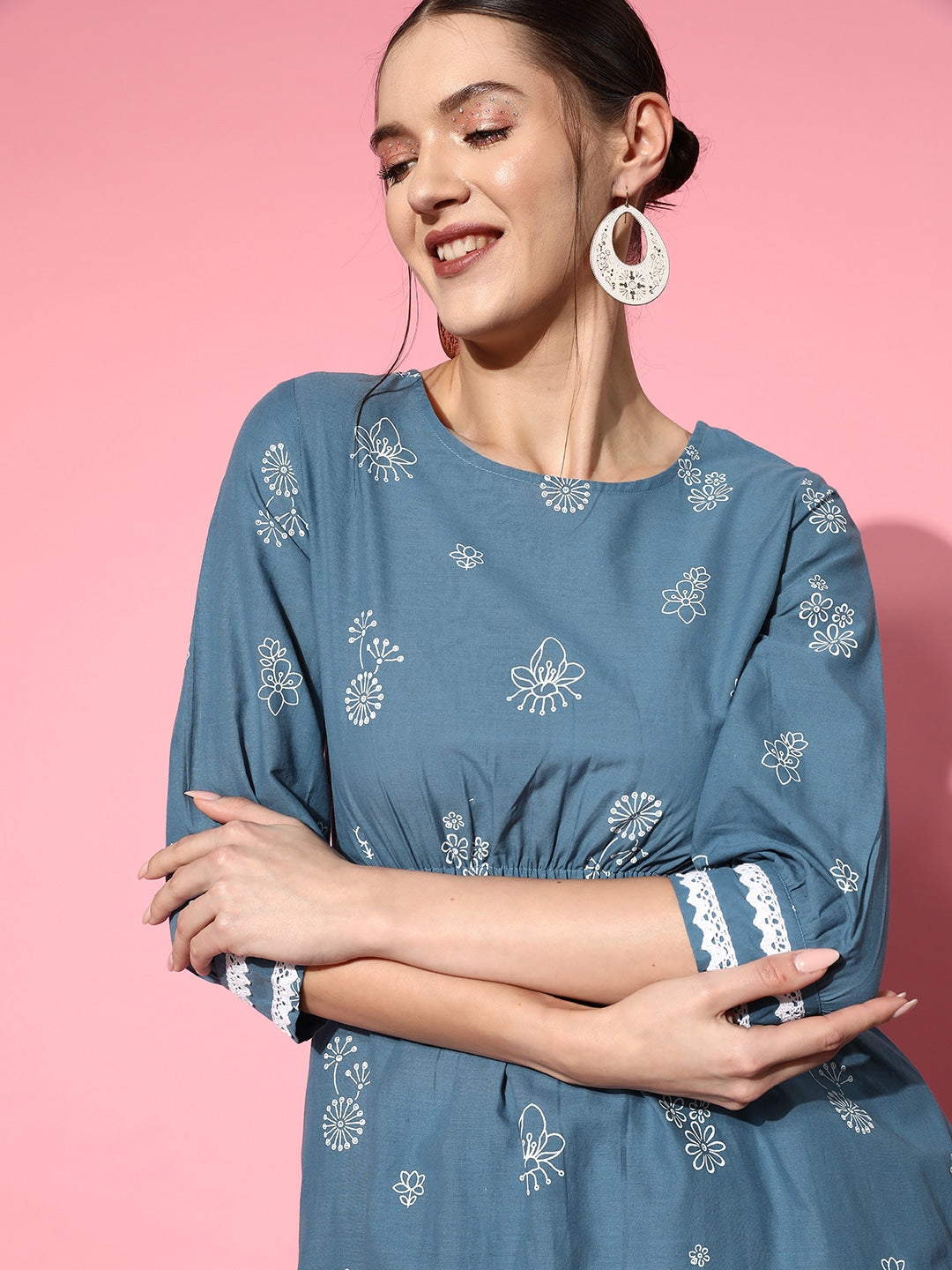 Sangria Women Blue Ethnic Motifs Printed Empire Pure Cotton Kurta with Palazzos - Distacart