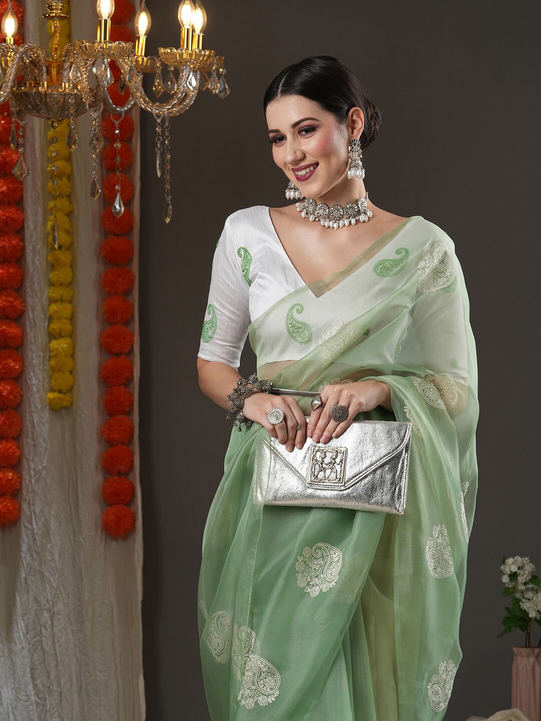 Saree Mall Olive Green & White Paisley Embroidered Organza Banarasi Sarees - Distacart
