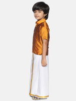 Thumbnail for Sethukrishna Boys Mustard Brown & White Solid Shirt and Veshti Set - Distacart