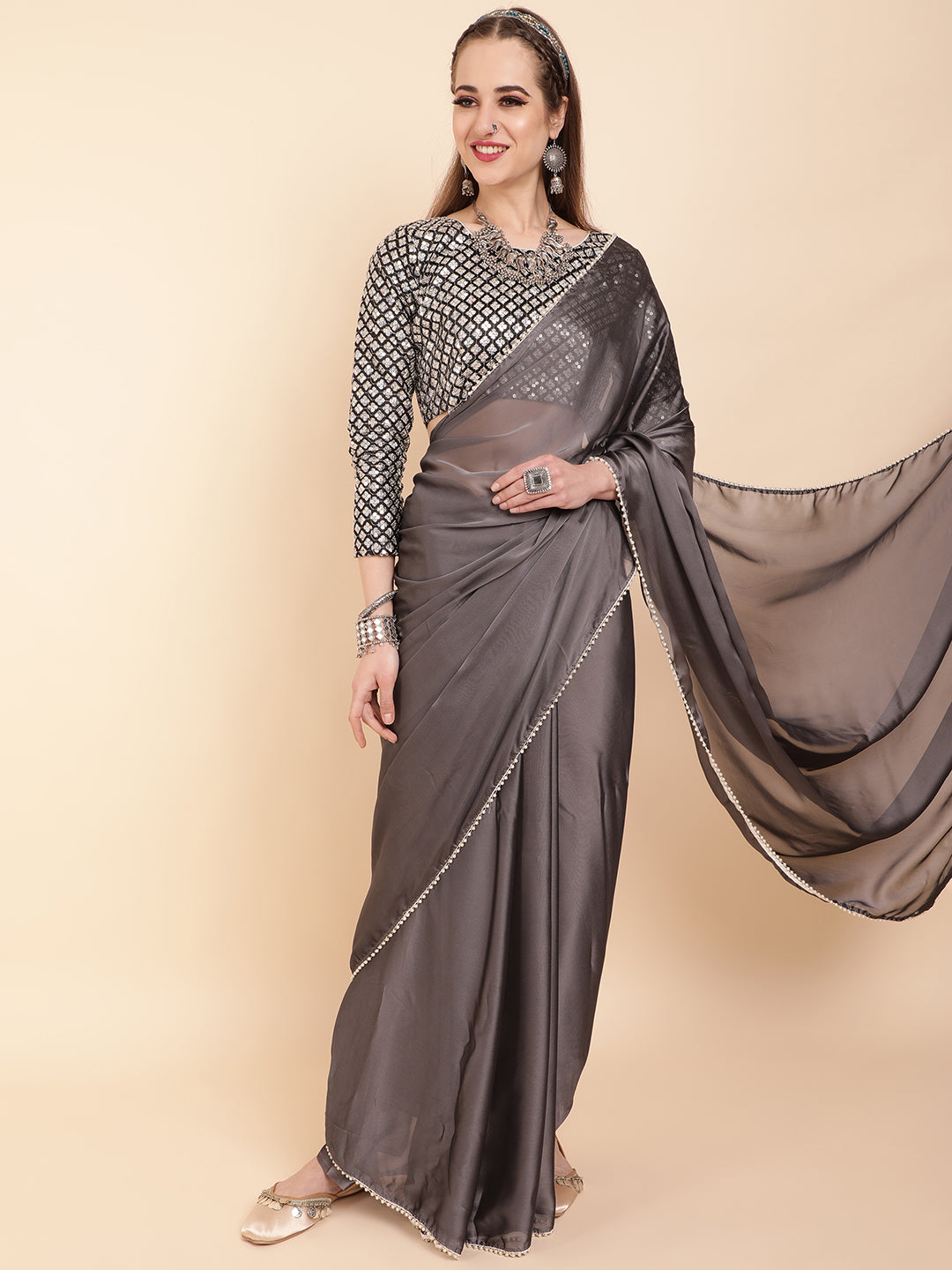 Sangria Grey Beads & Stones Satin Saree - Distacart