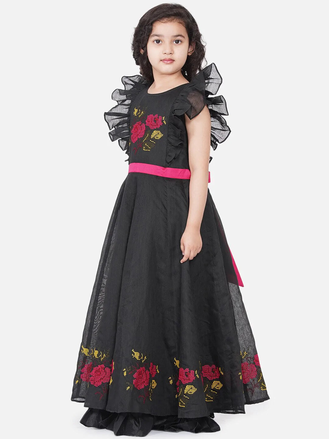 NOZ2TOZ Black Embroidered Flutter Sleeves Maxi Dress For Girls - Distacart