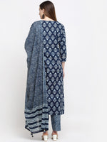 Thumbnail for Kalini Women Navy Blue Ethnic Motifs Printed Pure Cotton Kurta with Trousers & Dupatta - Distacart
