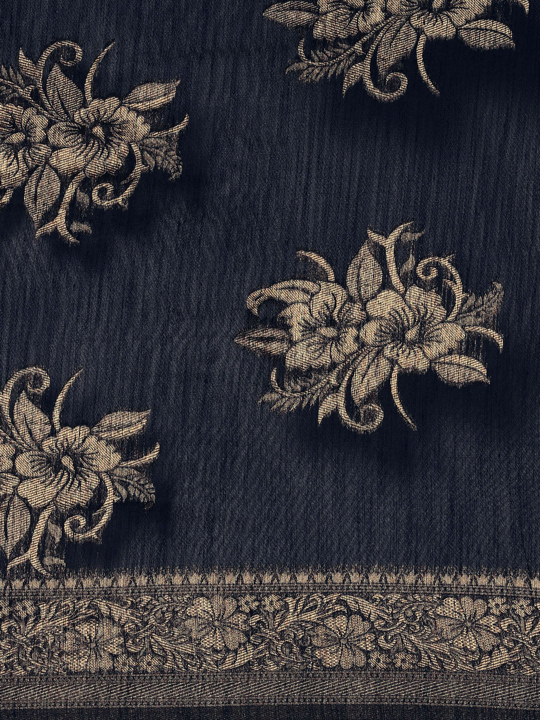 Saree Mall Navy Blue Floral Linen Blend Banarasi Saree - Distacart