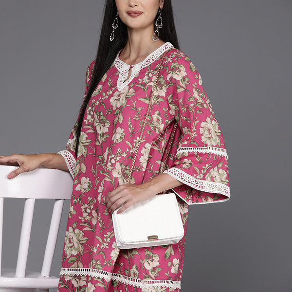 Biba Women Floral Printed Regular Pure Cotton Kurta with Trousers - Distacart