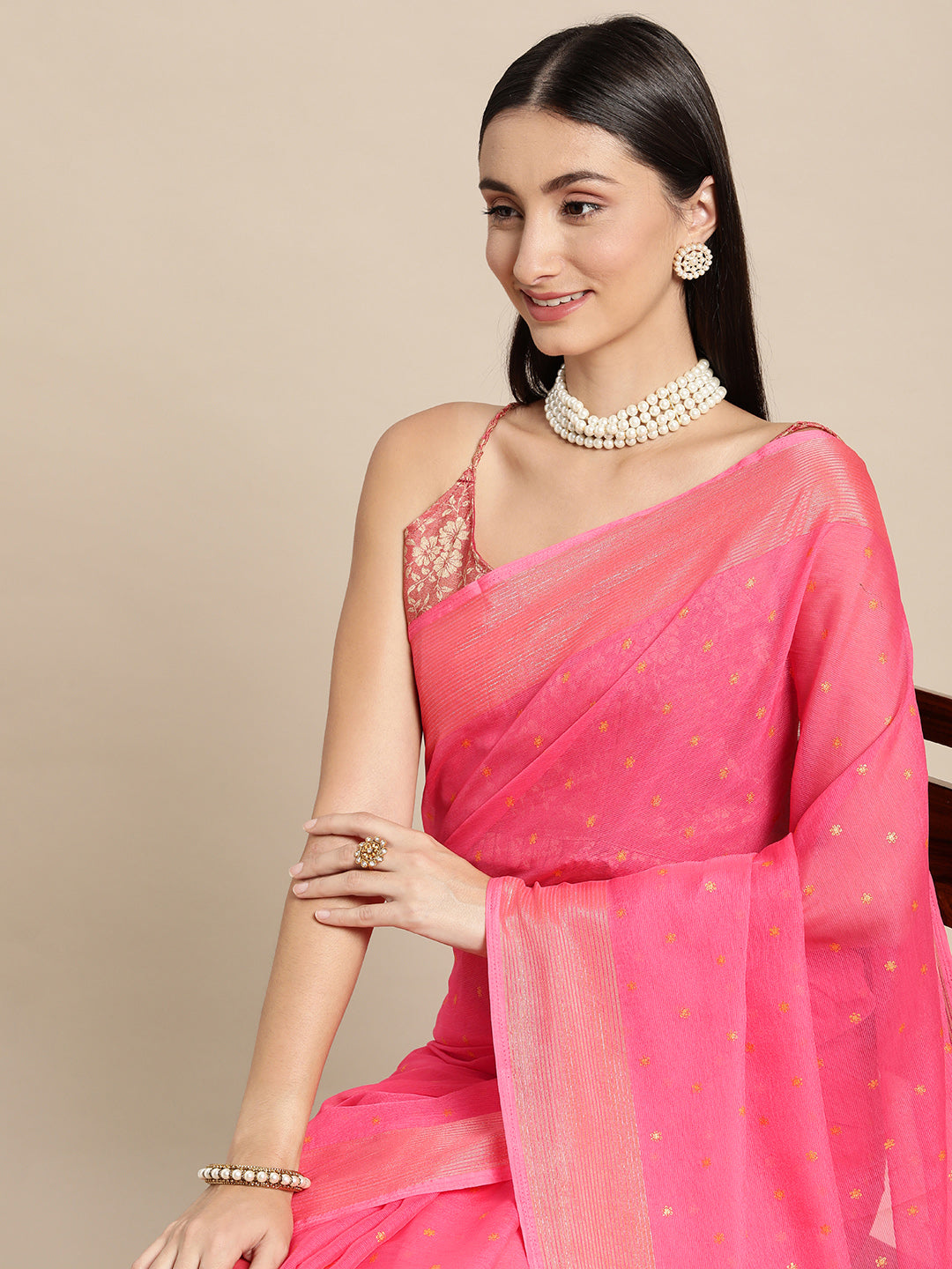 Mitera Pink & Gold-Toned Floral Zari Pure Chiffon Saree - Distacart