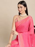Thumbnail for Mitera Pink & Gold-Toned Floral Zari Pure Chiffon Saree - Distacart