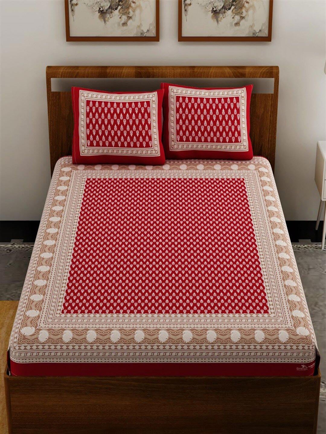UNIQCHOICE Red & White Ethnic Motifs Pure Cotton 120 TC Queen Bedsheet & 2 Pillow Covers - Distacart